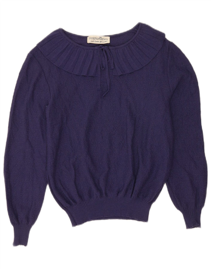 Vintage Womens Crop Boat Neck Jumper Sweater EU 40 Medium Navy Blue
