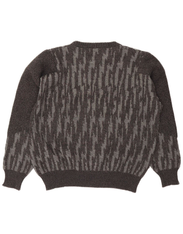 Vintage Mens Crew Neck Jumper Sweater Large Grey Striped Wool