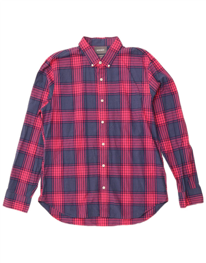 BONOBOS Mens Tailored Slim Fit Shirt XL Navy Blue Check Cotton