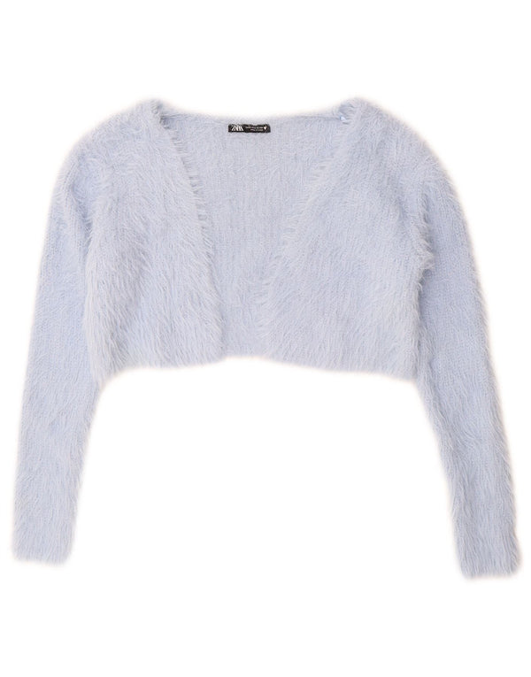 Zara Womens Crop Bolero Cardigan Sweater UK 10 Small Blue Nylon