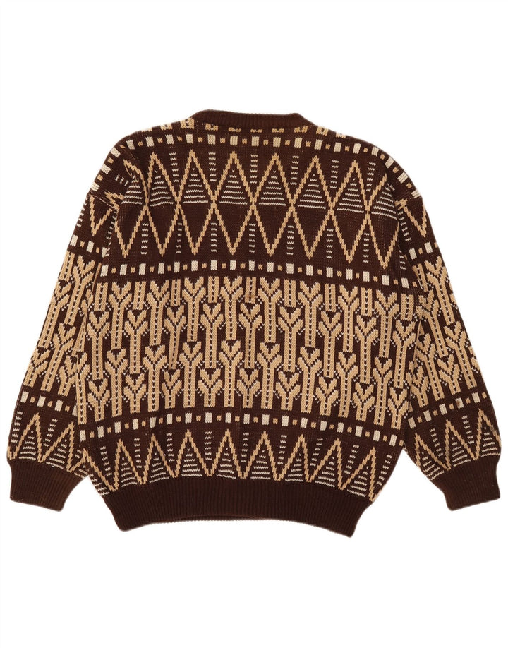 Vintage Mens Crew Neck Jumper Sweater Large Brown Fair Isle