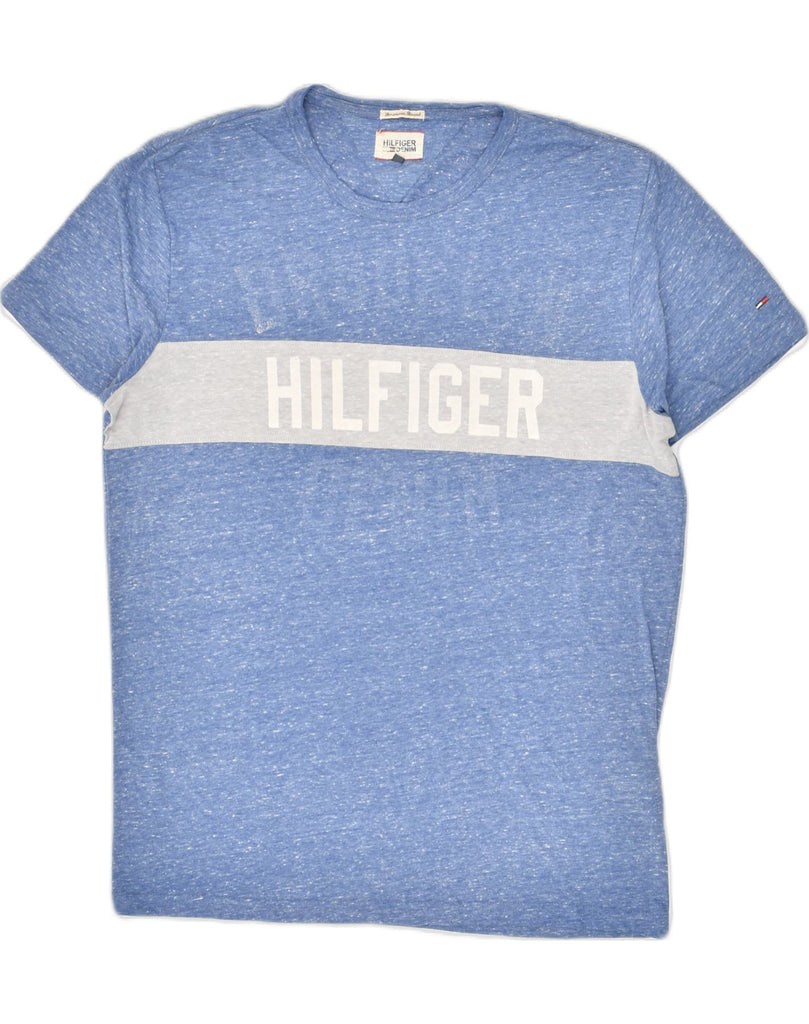 TOMMY HILFIGER Mens Graphic T-Shirt Top XL Blue Colourblock Cotton | Vintage Tommy Hilfiger | Thrift | Second-Hand Tommy Hilfiger | Used Clothing | Messina Hembry 