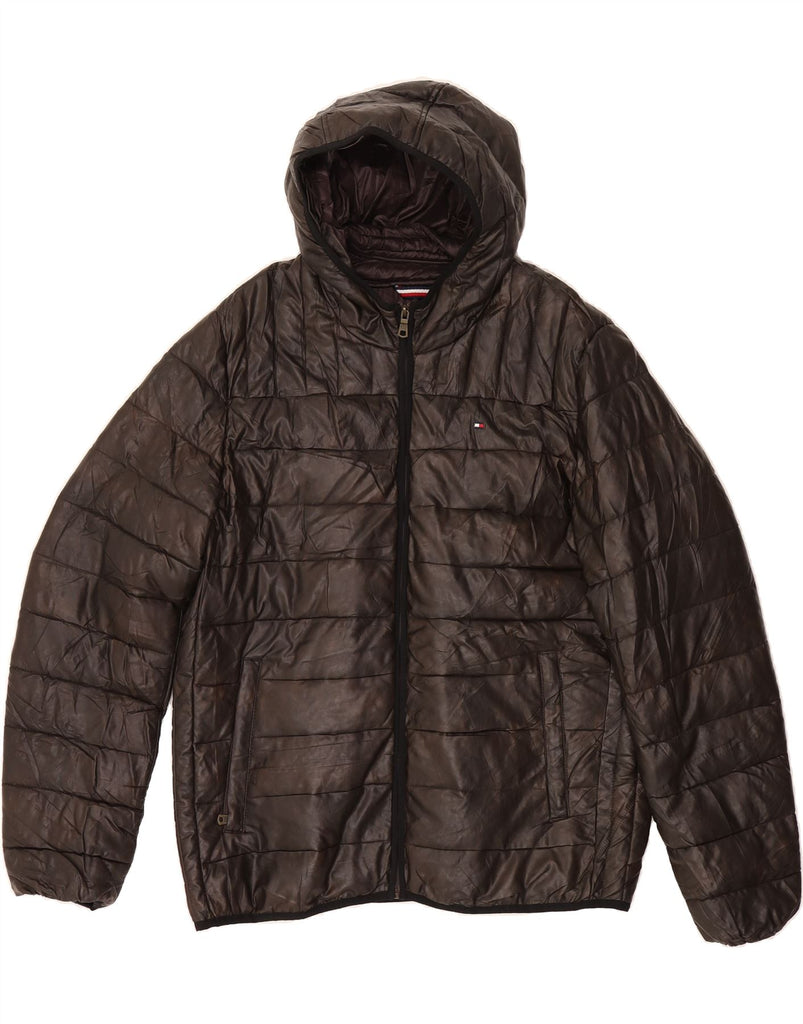 TOMMY HILFIGER Womens Grant Fit Hooded Padded Jacket UK 16 Large Brown Vintage Tommy Hilfiger and Second-Hand Tommy Hilfiger from Messina Hembry 