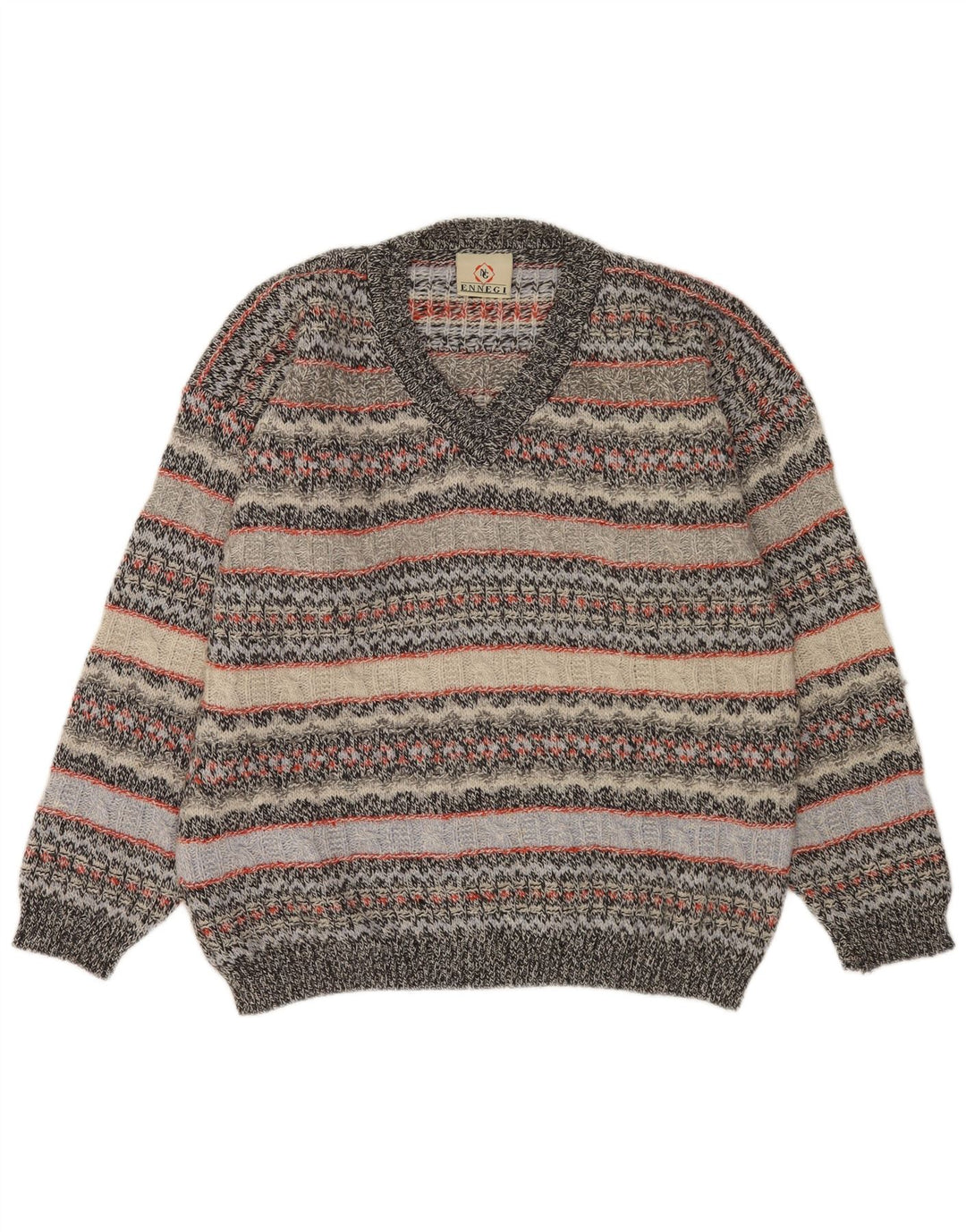 Vintage Mens V-Neck Jumper Sweater XL Grey Striped Wool