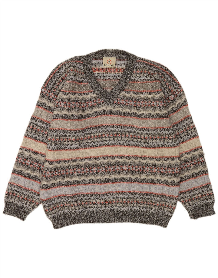 Vintage Mens V-Neck Jumper Sweater XL Grey Striped Wool