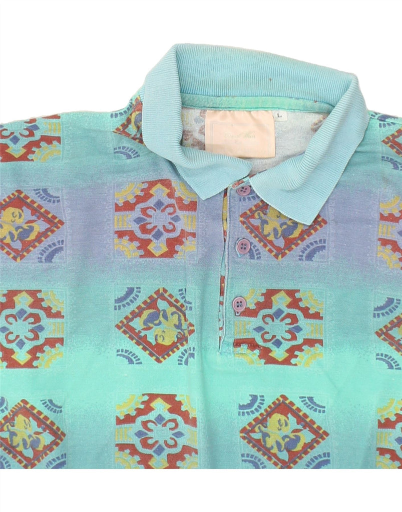 VINTAGE Mens Abstract Pattern Polo Shirt Large Blue Cotton | Vintage Vintage | Thrift | Second-Hand Vintage | Used Clothing | Messina Hembry 