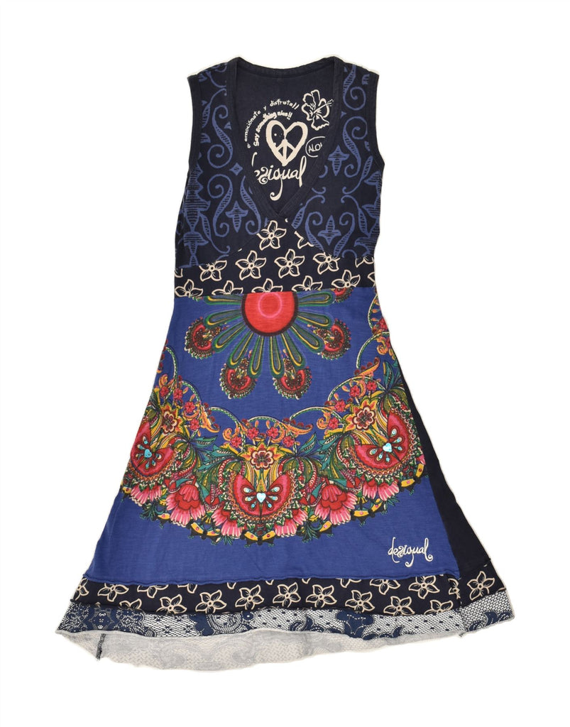 DESIGUAL Womens Sleeveless A-Line Dress UK 8 Small Navy Blue Patchwork | Vintage Desigual | Thrift | Second-Hand Desigual | Used Clothing | Messina Hembry 