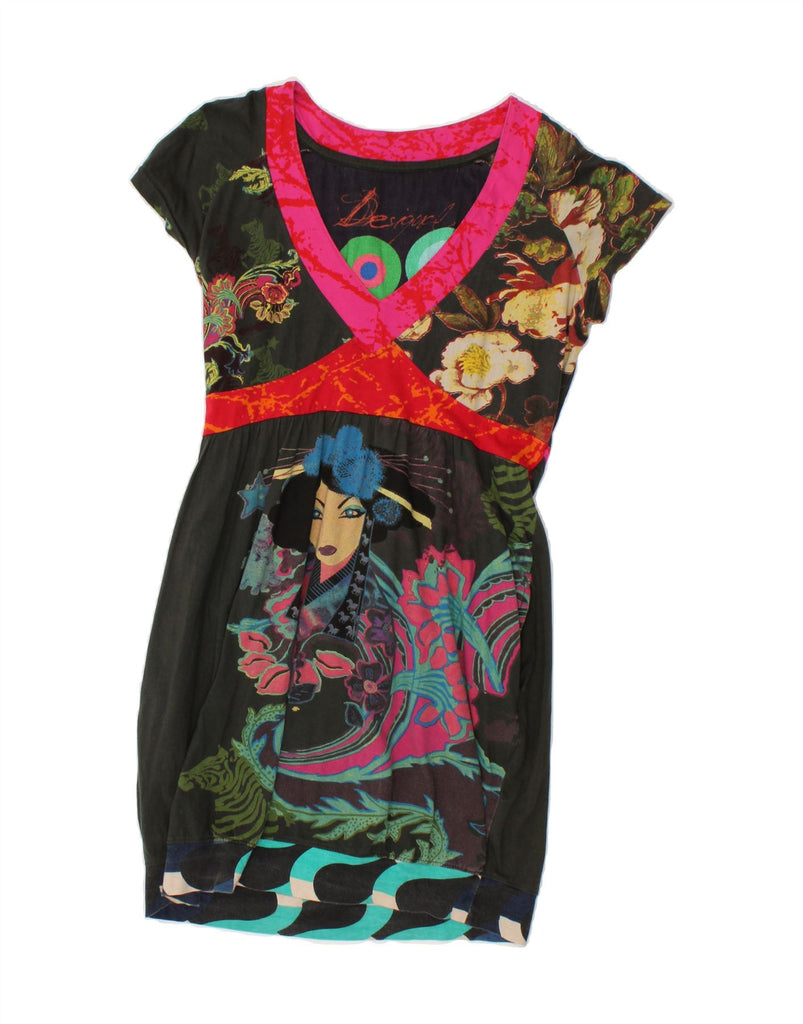 DESIGUAL Womens Graphic Sheath Dress UK 18 XL Black Floral Cotton | Vintage Desigual | Thrift | Second-Hand Desigual | Used Clothing | Messina Hembry 
