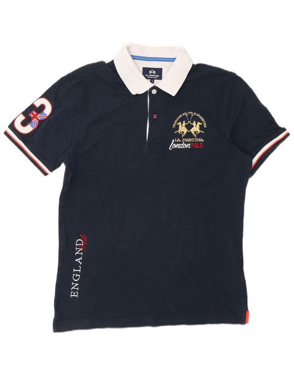 La Martina Mens Graphic Polo Shirt Small Navy Blue Colourblock Cotton