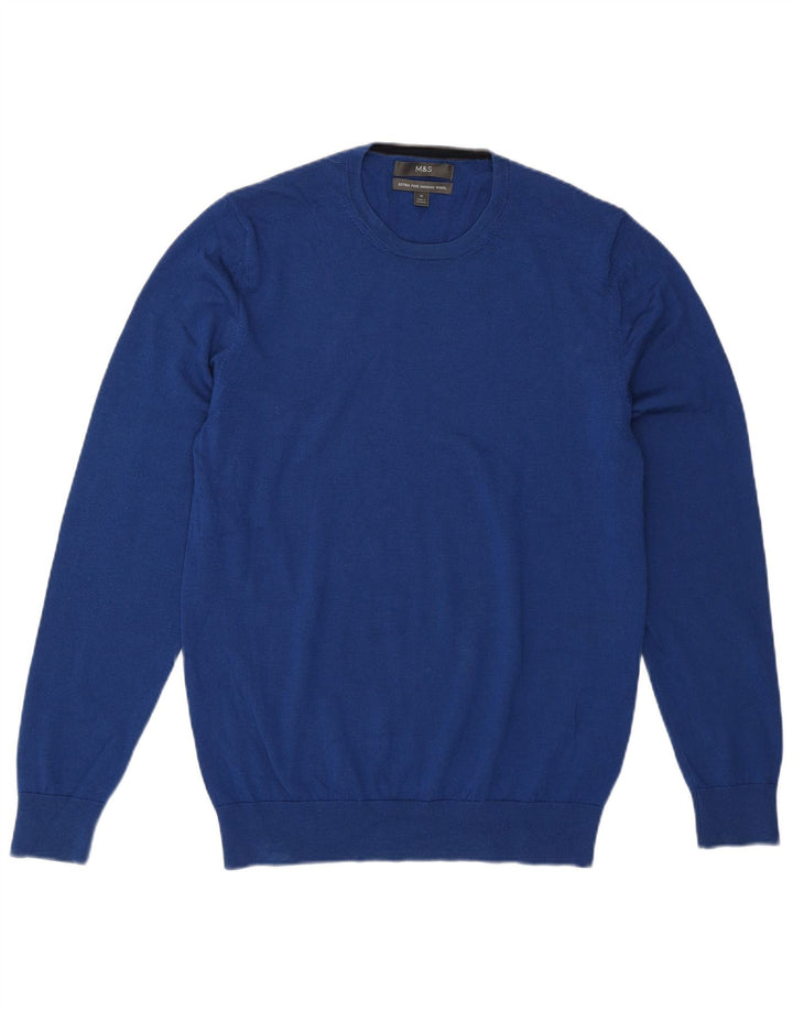 Marks & Spencer Mens Crew Neck Jumper Sweater Medium Blue Merino Wool