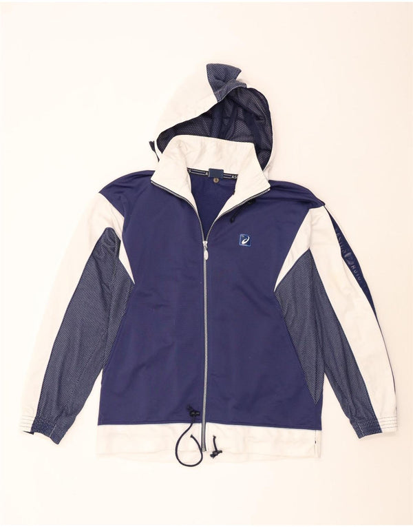 Asics Mens Graphic Hooded Tracksuit Top Jacket Large Navy Blue Colourblock