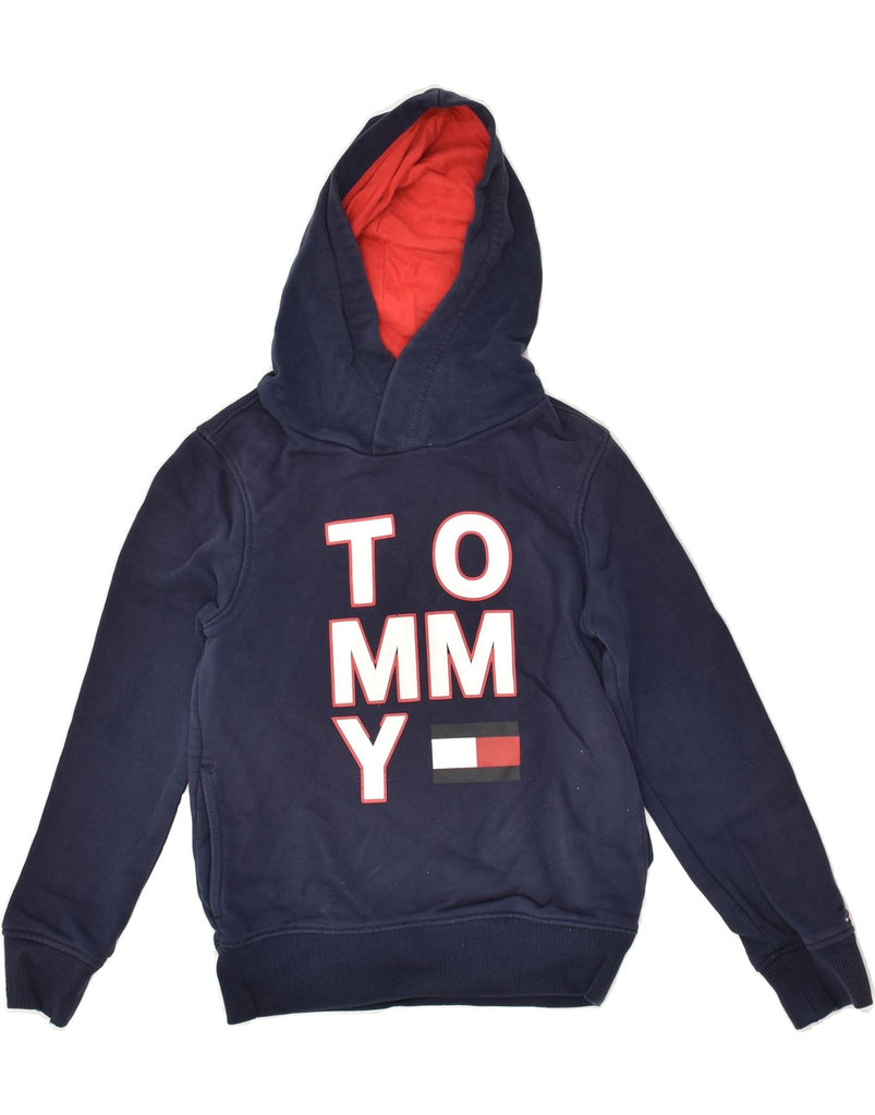 TOMMY HILFIGER Boys Graphic Hoodie Jumper 7-8 Years Navy Blue Cotton | Vintage Tommy Hilfiger | Thrift | Second-Hand Tommy Hilfiger | Used Clothing | Messina Hembry 