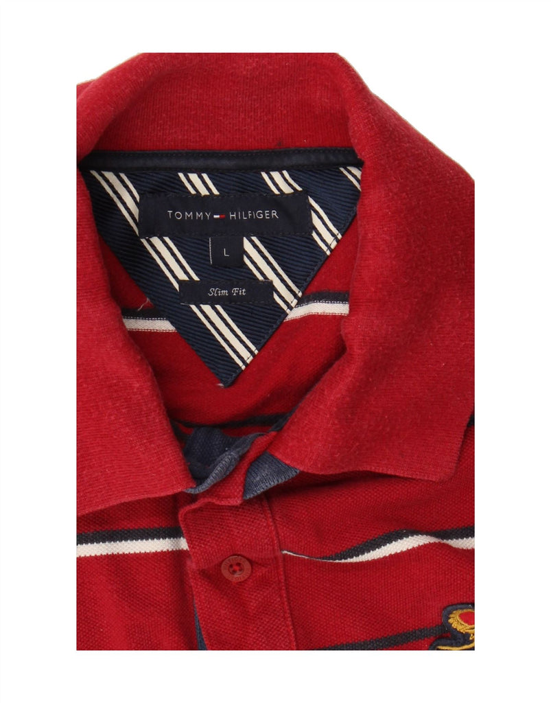TOMMY HILFIGER Mens Slim Fit Long Sleeve Polo Shirt Large Red Striped Vintage Tommy Hilfiger and Second-Hand Tommy Hilfiger from Messina Hembry 