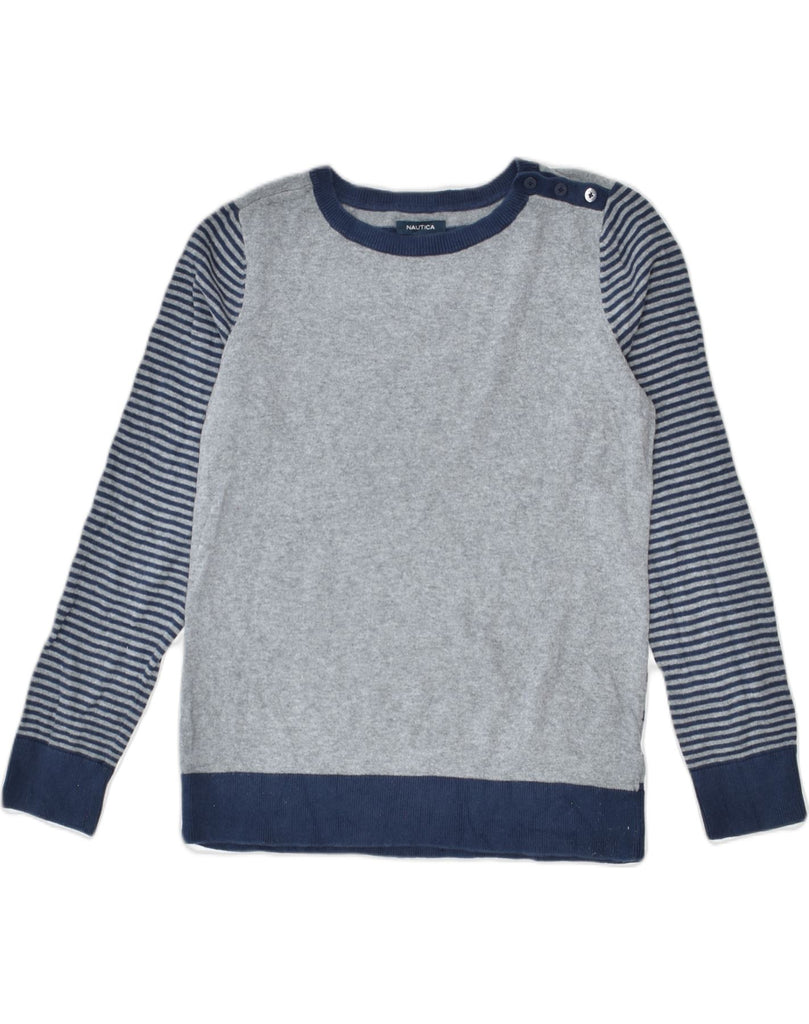 NAUTICA Womens Crew Neck Jumper Sweater UK 12 Medium Grey Striped Cotton | Vintage Nautica | Thrift | Second-Hand Nautica | Used Clothing | Messina Hembry 
