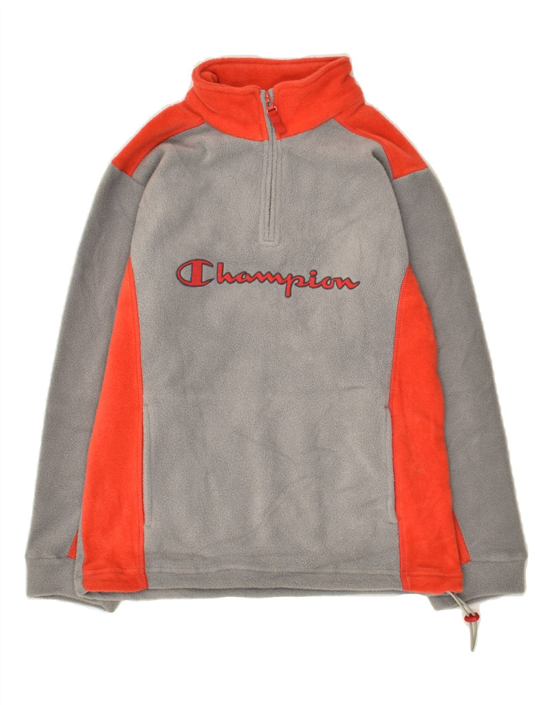 CHAMPION Boys Graphic Zip Neck Fleece Jumper 11-12 Years Grey Polyester | Vintage Champion | Thrift | Second-Hand Champion | Used Clothing | Messina Hembry 