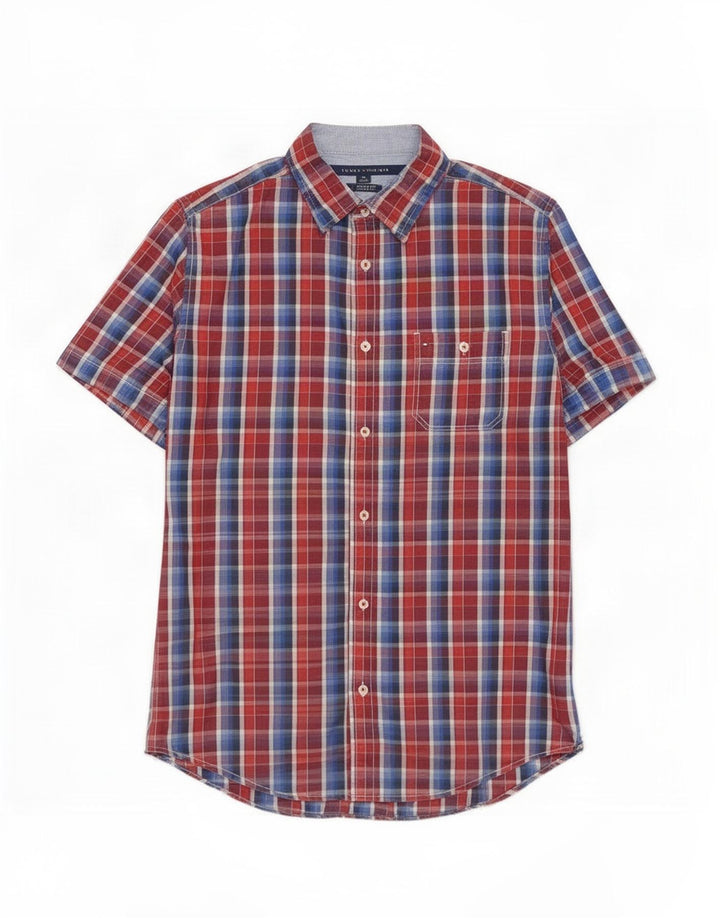 Tommy Hilfiger Mens Short Sleeve Custom Fit Shirt Medium Red Check Cotton