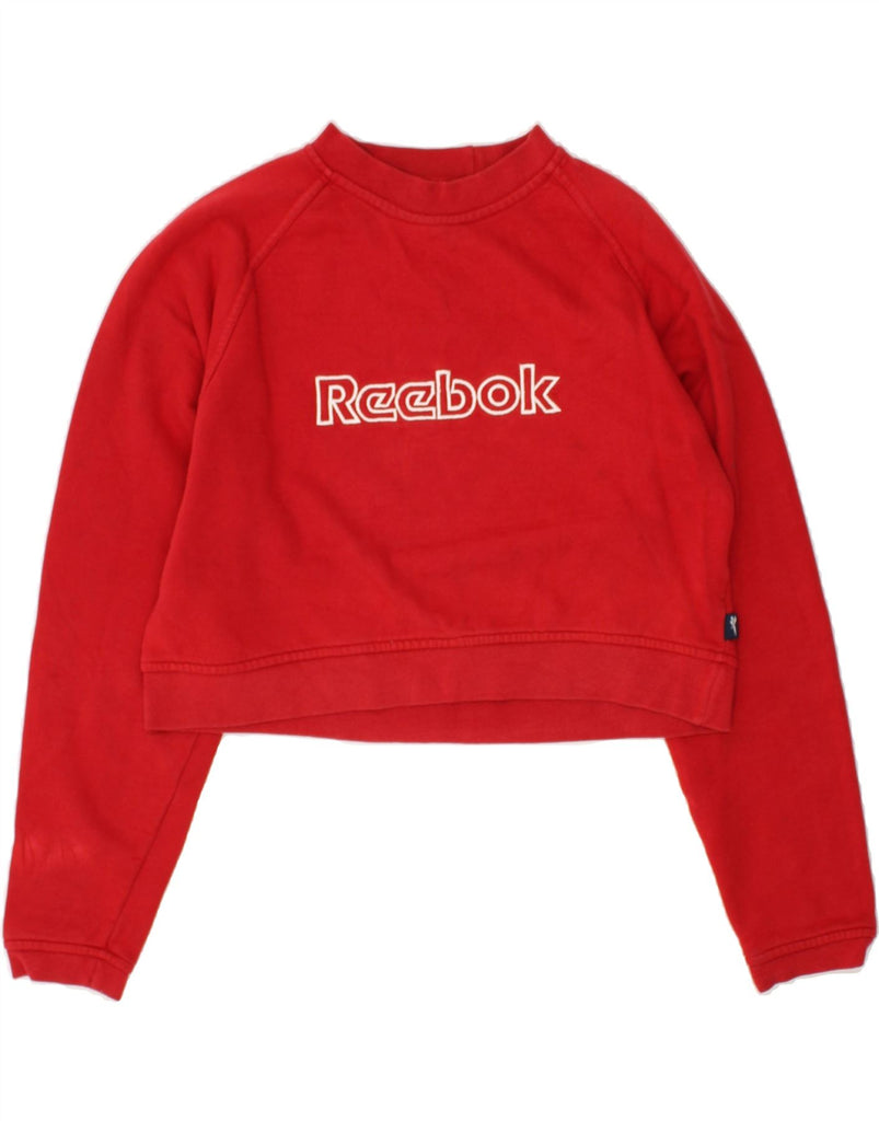 REEBOK Womens Graphic Crop Sweatshirt Jumper UK 14 Medium Red Cotton | Vintage Reebok | Thrift | Second-Hand Reebok | Used Clothing | Messina Hembry 