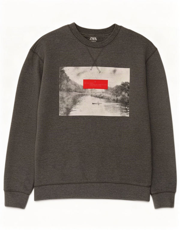 Zara Mens Graphic Sweatshirt Jumper Small Grey Cotton