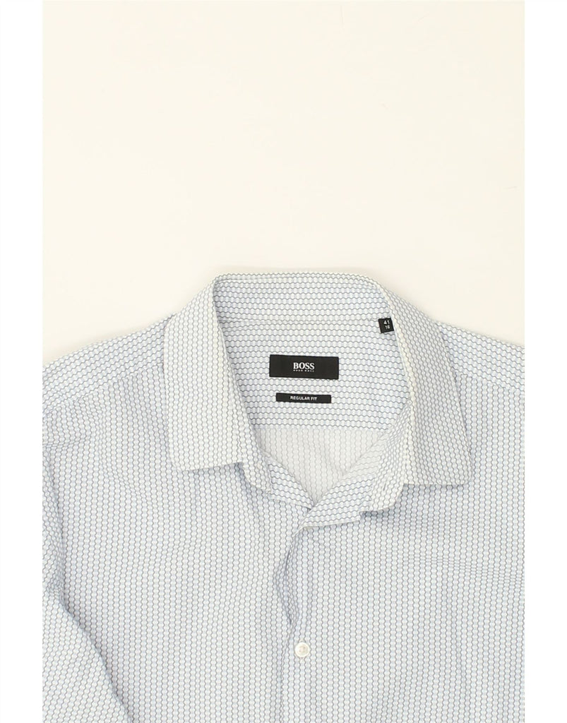 HUGO BOSS Mens Regular Fit Shirt Size 41 16 Large Blue Geometric Cotton | Vintage Hugo Boss | Thrift | Second-Hand Hugo Boss | Used Clothing | Messina Hembry 