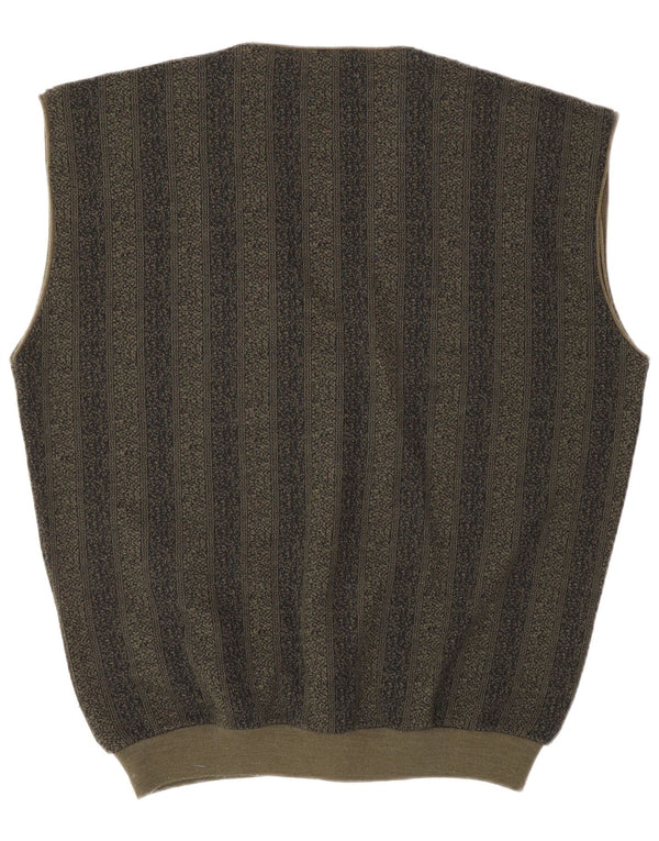McDavis Mens Loose Fit Sleeveless Cardigan Sweater Small Khaki Striped Wool