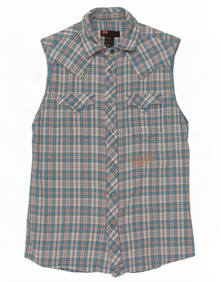 Diesel Mens Graphic Sleeveless Shirt Medium Blue Check Cotton