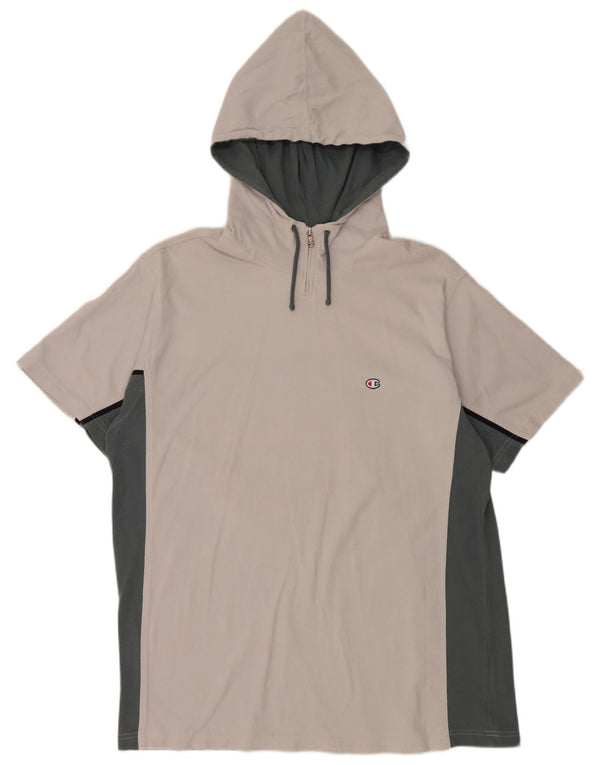 CHAMPION Mens Hooded Zip Neck T-Shirt Top 2XL White Colourblock Cotton