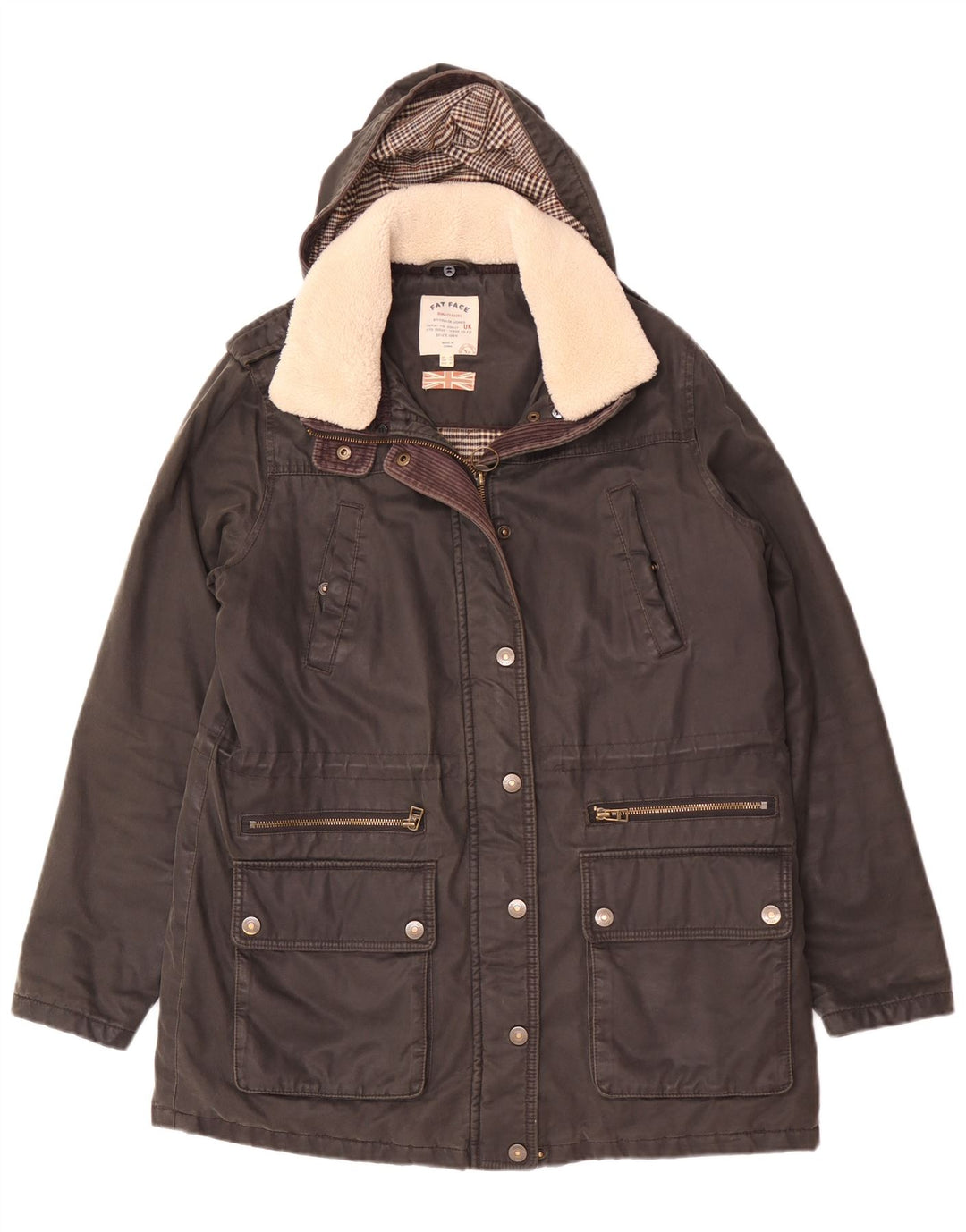 Fat Face Womens Hooded Parka Jacket UK 12 Medium Black Cotton