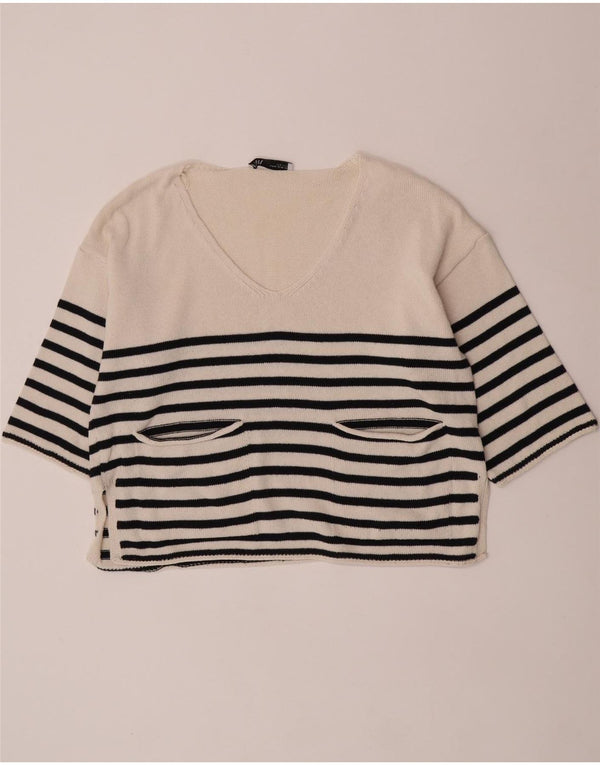 Zara Womens 3/4 Sleeve V-Neck Jumper Sweater UK 6 XS Off White Striped
