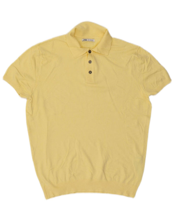 Zara Mens Short Sleeve Polo Neck Jumper Sweater Medium Yellow Viscose