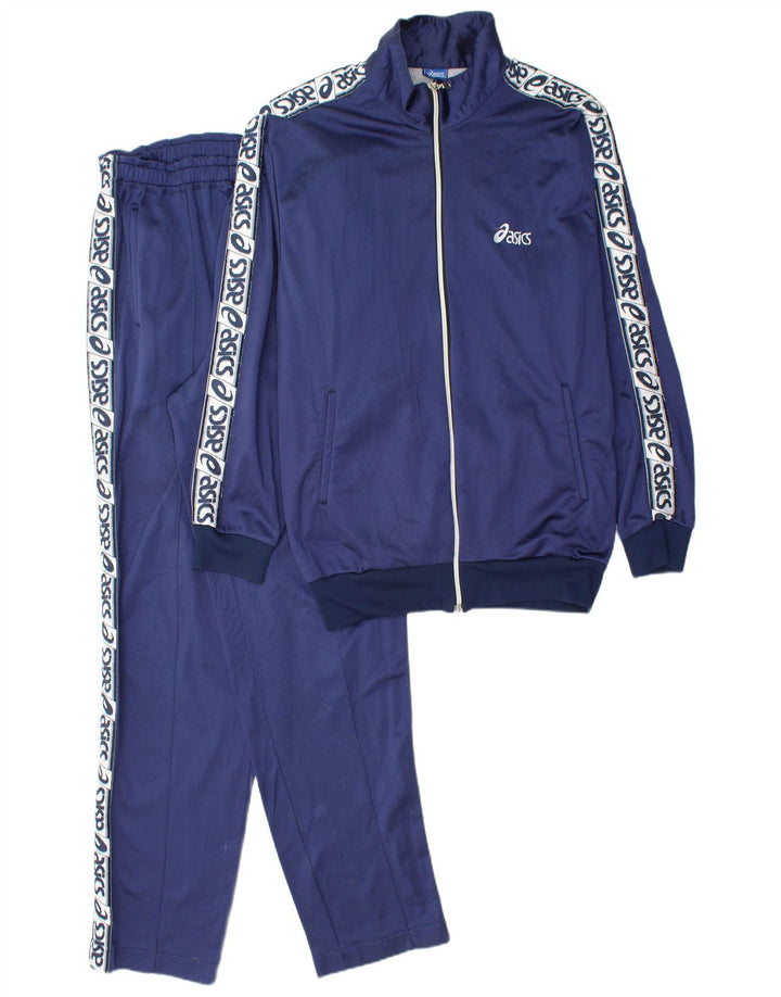 ASICS Mens Graphic Full Tracksuit Large Navy Blue Polyamide