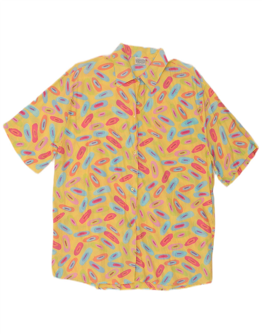 Benetton Womens Short Sleeve Oversized Shirt UK 10 Small Yellow Geometric