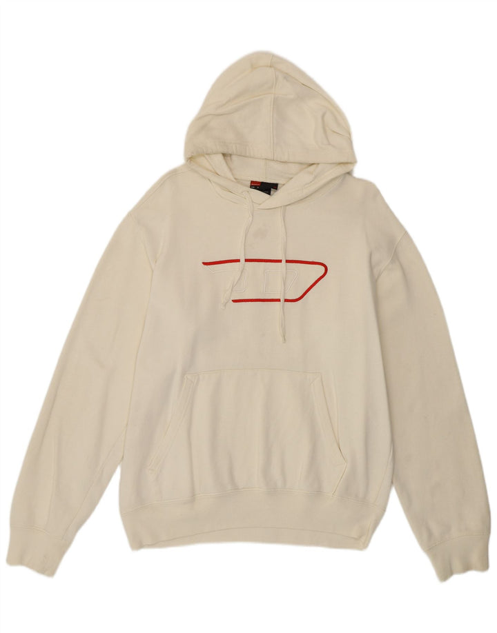 DIESEL Mens Graphic Hoodie Jumper Medium Off White Cotton