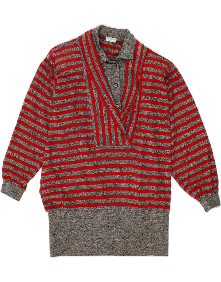 VINTAGE Womens Longline Polo Neck Jumper Sweater IT 44 Medium Grey Striped Vintage Vintage and Second-Hand Vintage from Messina Hembry 