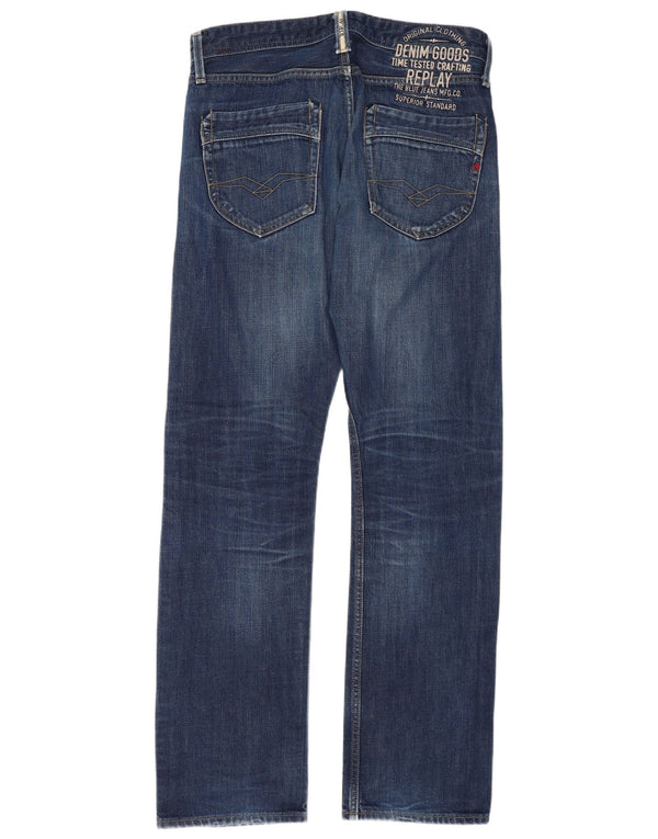 Replay Mens Straight Jeans W31 L34 Navy Blue Cotton