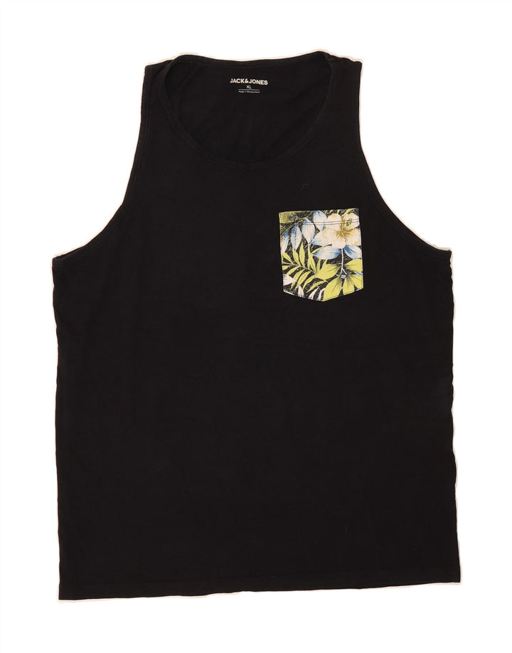 JACK & JONES Mens Vest Top XL Black Floral Cotton Vintage Jack & Jones and Second-Hand Jack & Jones from Messina Hembry 