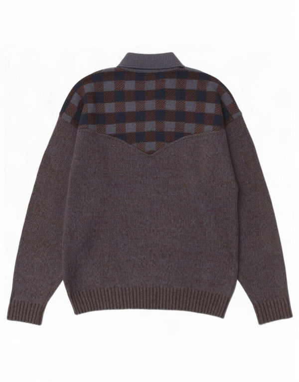 Vintage Mens Polo Neck Jumper Sweater Large Grey Check Wool