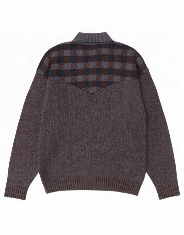 Vintage Mens Polo Neck Jumper Sweater Large Grey Check Wool