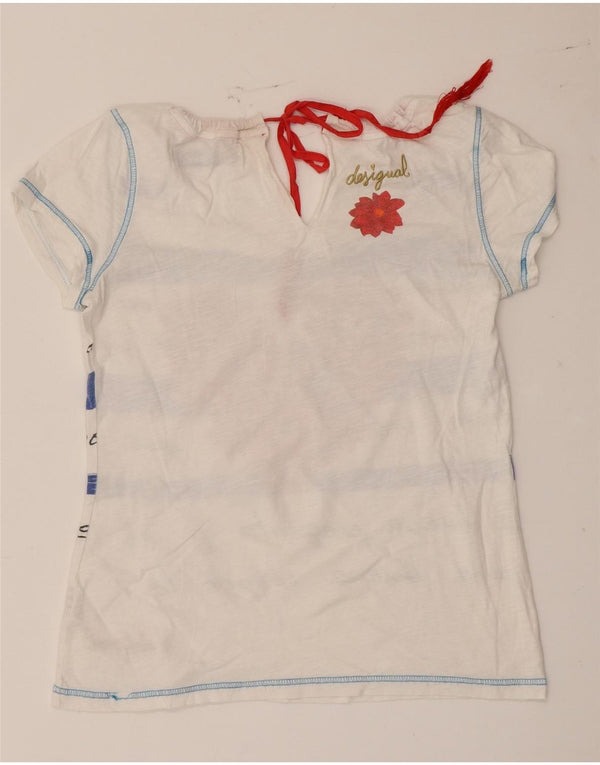 Desigual Womens Graphic T-Shirt Top UK 12 Medium White Striped Cotton