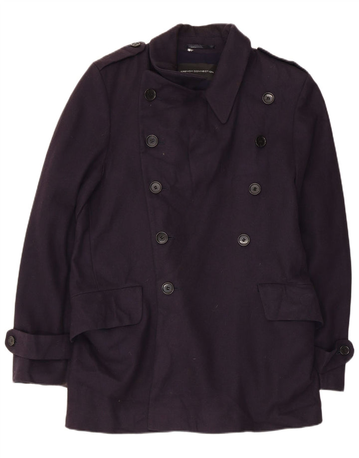 French Connection Mens Trench Coat UK 38 Medium Navy Blue Virgin Wool