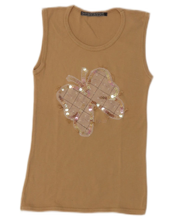 Liu Jo Womens Graphic Vest Top UK 12 Medium Beige Cotton Butterfly