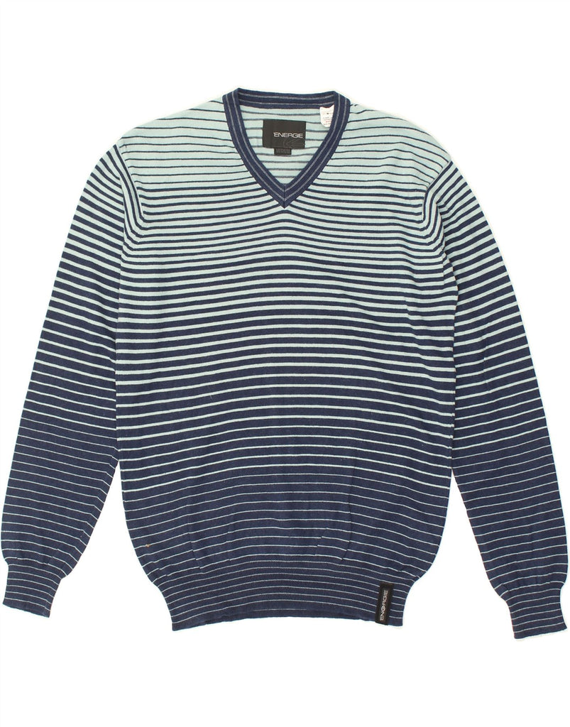 ENERGIE Mens V-Neck Jumper Sweater Medium Navy Blue Striped Cotton | Vintage Energie | Thrift | Second-Hand Energie | Used Clothing | Messina Hembry 