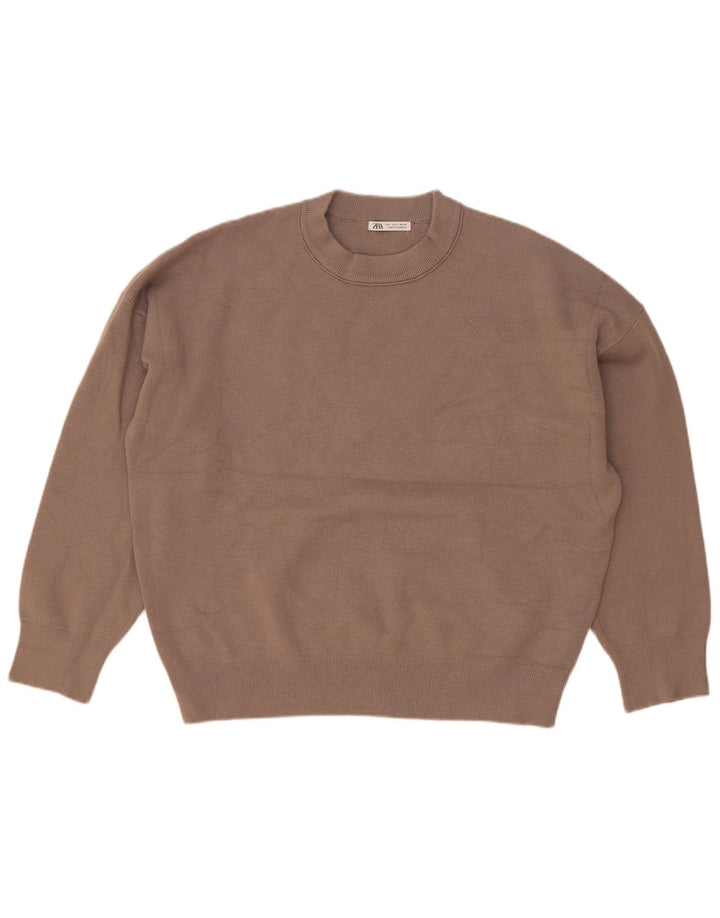 Zara Mens Crew Neck Jumper Sweater Large Brown Viscose