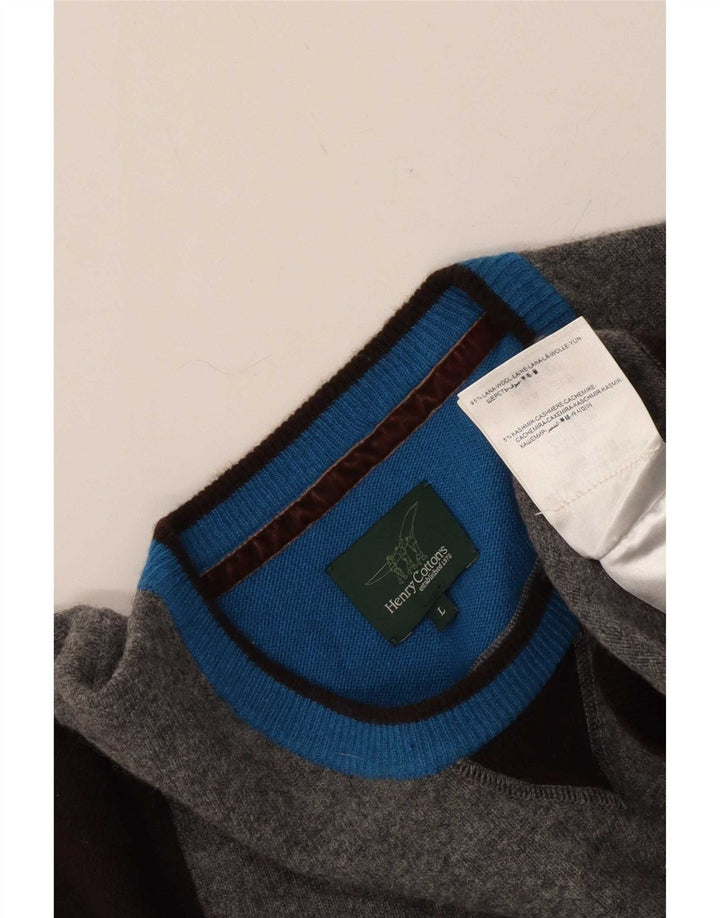 Henry Cottons Mens Crew Neck Jumper Sweater Large Grey Colourblock Wool