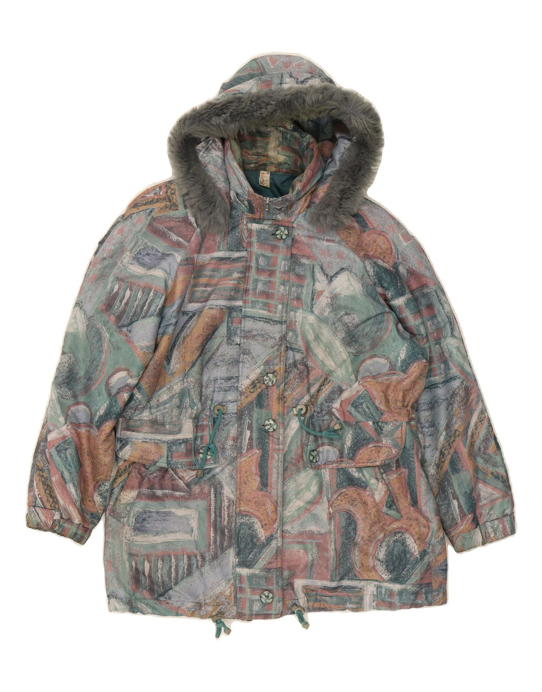 VINTAGE Womens Windbreaker Coat UK 14/16 Large Grey Geometric Polyester Vintage Vintage and Second-Hand Vintage from Messina Hembry 