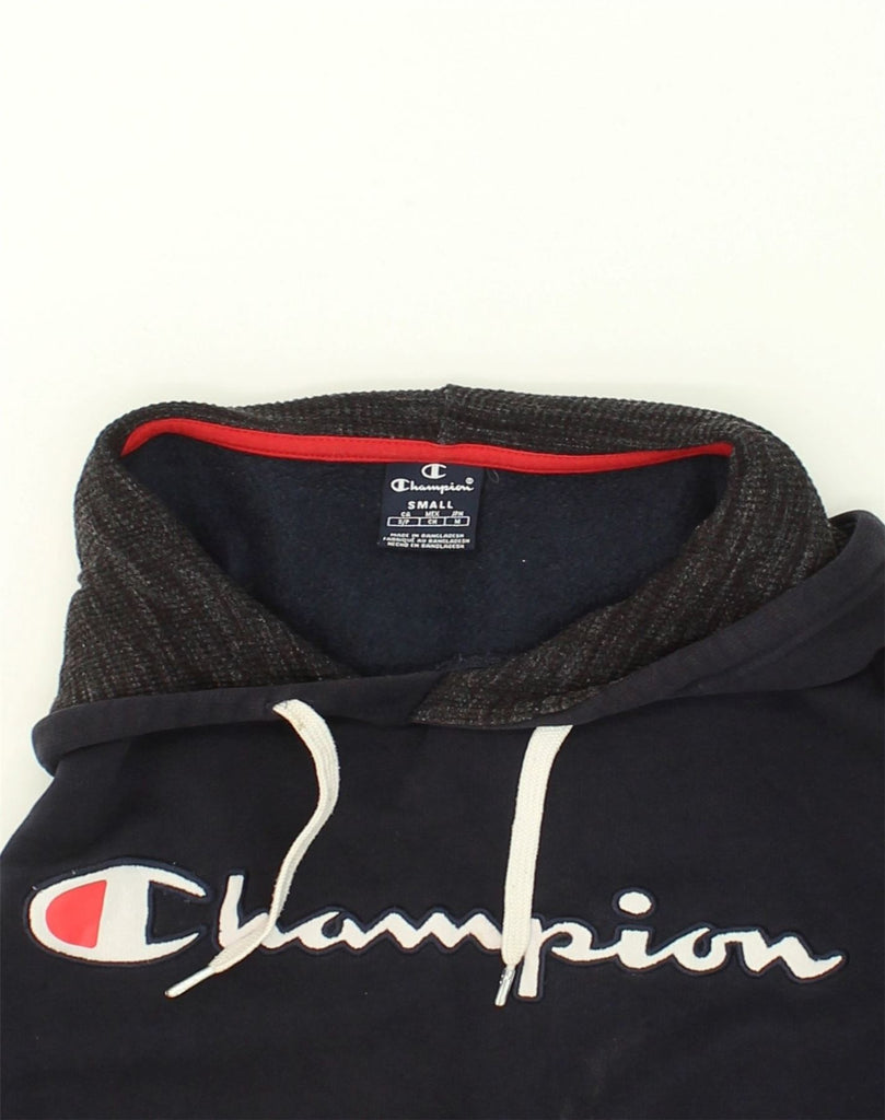 CHAMPION Mens Graphic Hoodie Jumper Small Navy Blue Cotton | Vintage Champion | Thrift | Second-Hand Champion | Used Clothing | Messina Hembry 