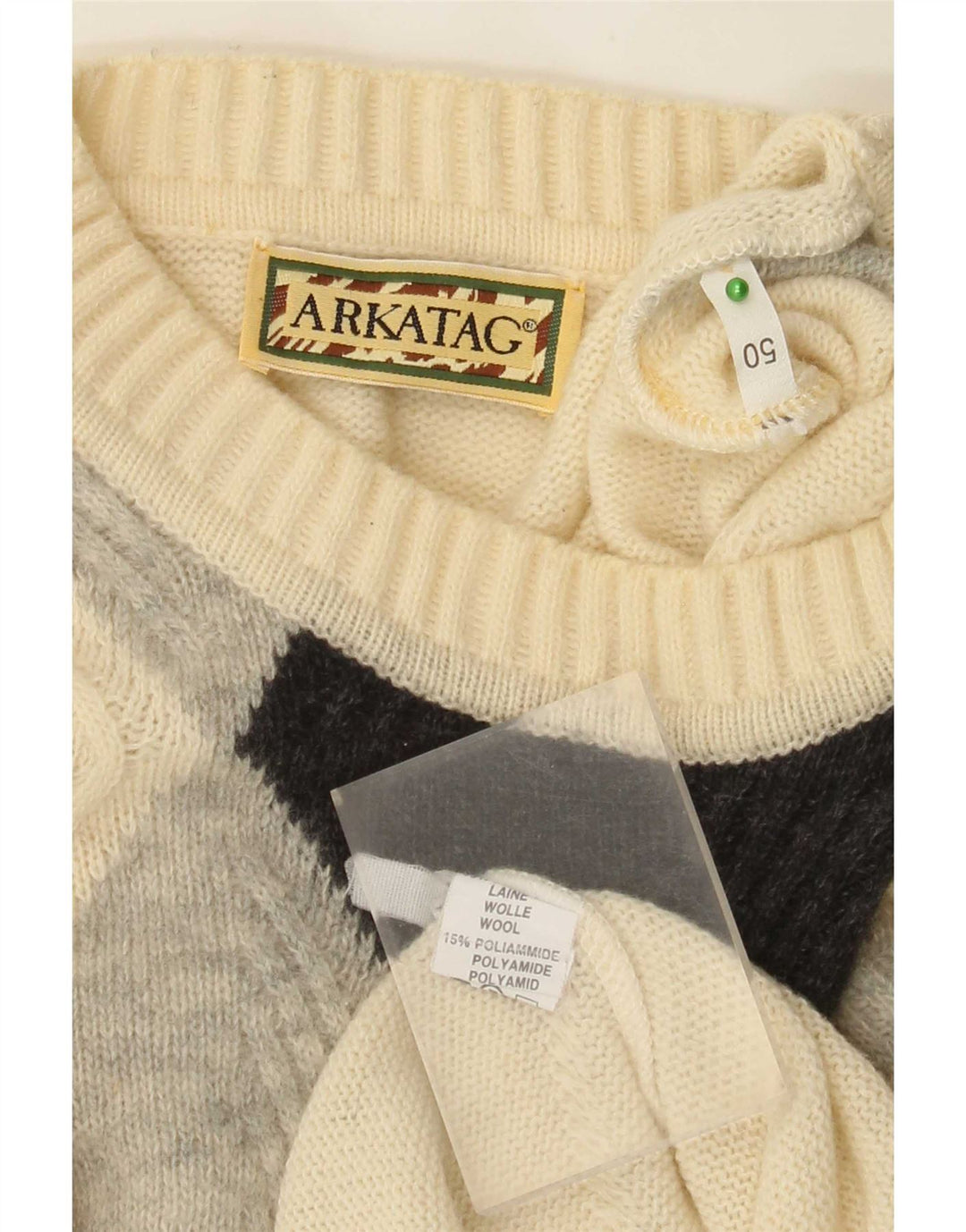 Vintage Mens Crew Neck Jumper Sweater IT 50 Medium Off White Argyle/Diamond
