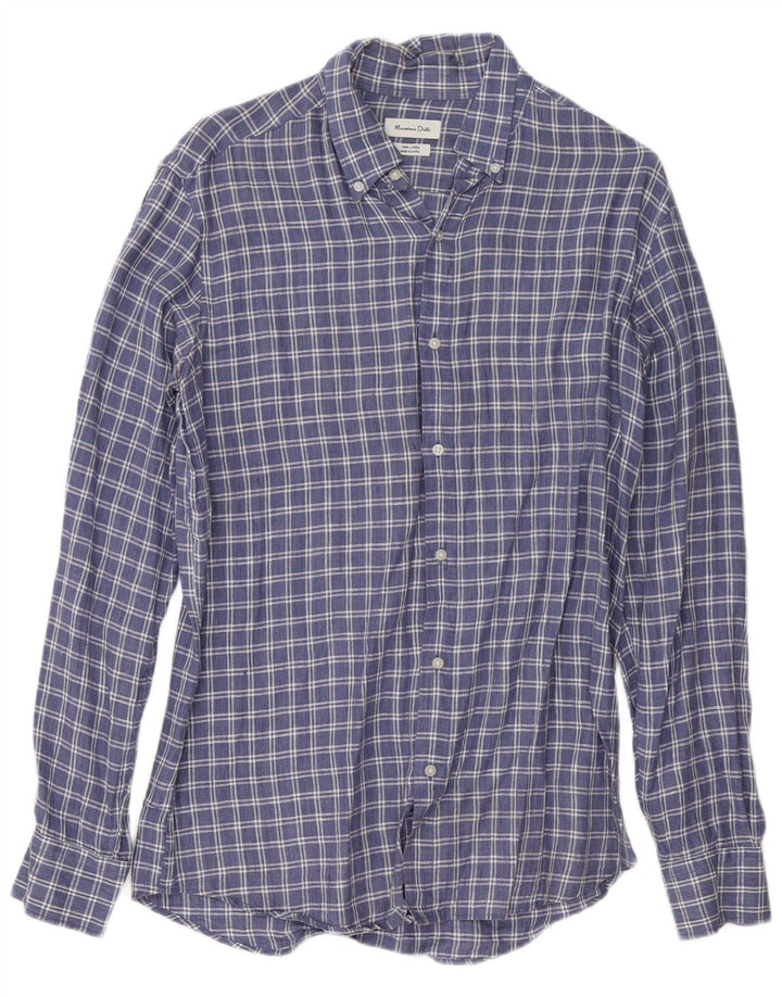 Massimo Dutti Mens Shirt Medium Blue Check Linen