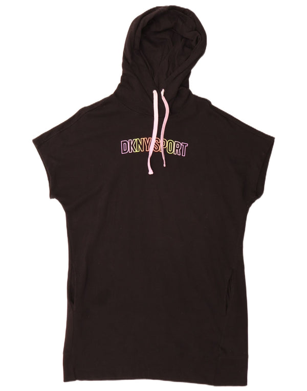 Dkny Womens Hooded Graphic T-Shirt Dress UK 14 Large Black Cotton Sports