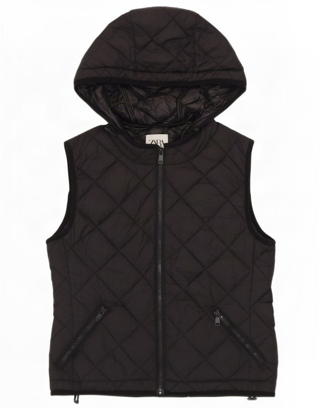Zara Womens Hooded Quilted Gilet UK 14 Medium Black Polyester