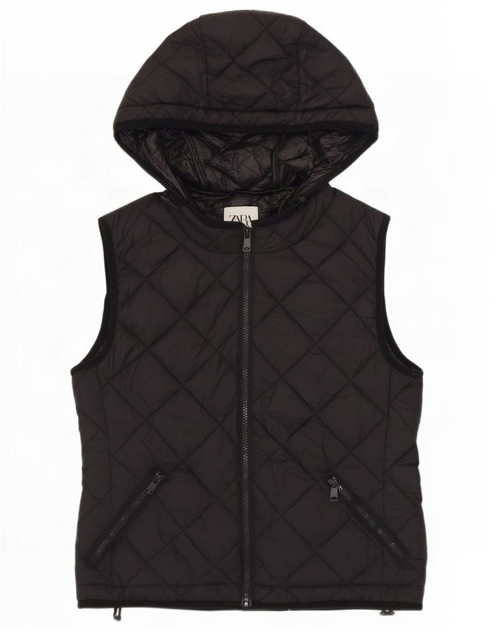 Zara Womens Hooded Quilted Gilet UK 14 Medium Black Polyester